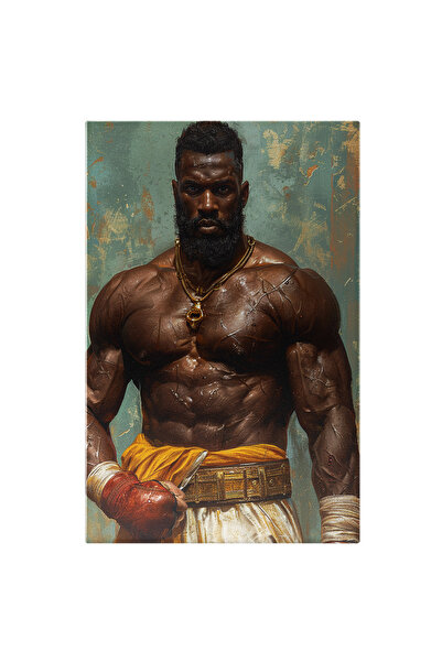 StoryGift Romania Tablou Canvas: Luptător Afro, Musculos Cu Mănuși De Box Și Lanț La Gât- Sporturi Și Lupte Libe