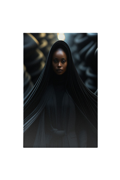 StoryGift Romania Tablou Canvas: Portret Feminin African All Black Cu Fundal Negru Și Drapaje Pictura Digitala