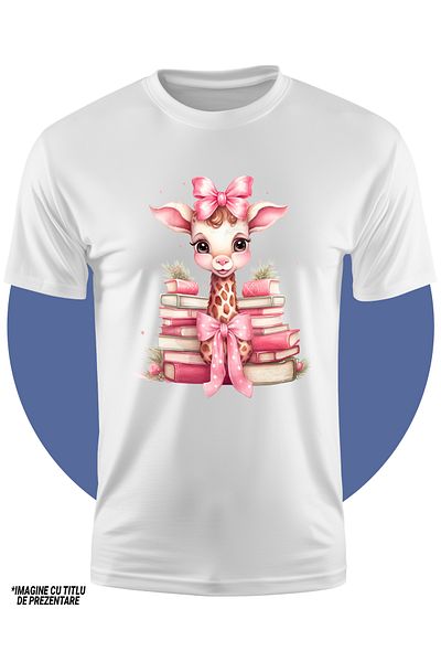 StoryGift Romania Tricou Copii Cu O Girafa Vesela, Ilustratie, Teancuri Cu Carti, Lectura, Pentru Pasionatii