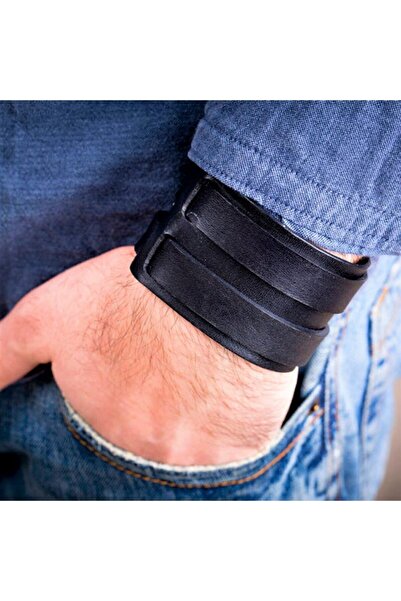 NARKİSSOS Handcrafted Inner Two Belts Black Men's Leather Bracelet