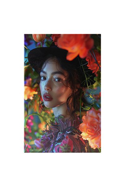 StoryGift Romania Tablou Canvas Innocent Girl Cu Chipul Luminos Si Ochii Caprui Cu Parul Saten Si Palarie Neagra