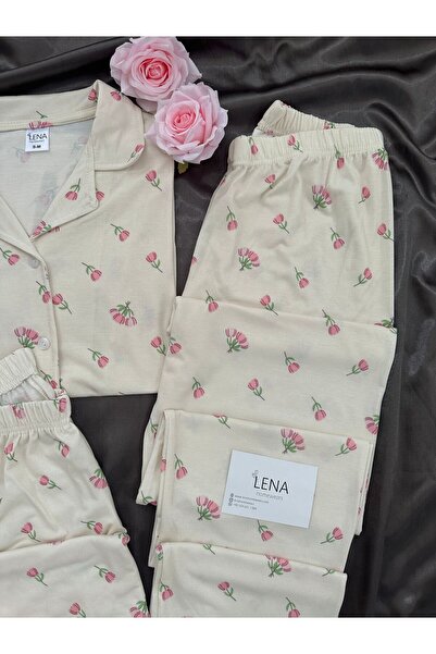 Lena Homewears Kadın Rozaline Lale Desenli 3'lü Şort Uzun Paça Kısa Kollu Pijama Takımı