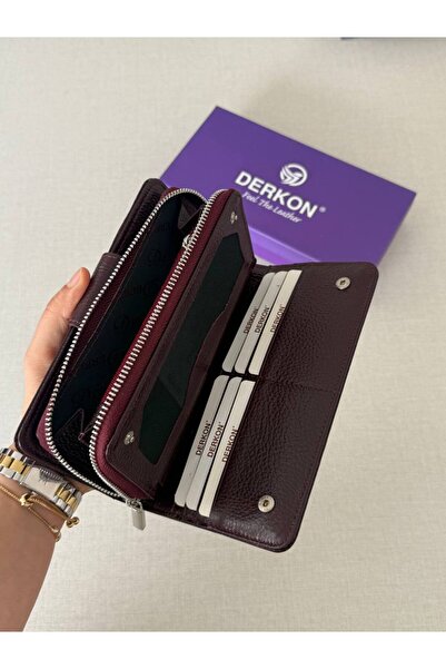 DERKON Genuine Leather Cerny Model Women's Wallet with Plenty of Card Holders Claret Red