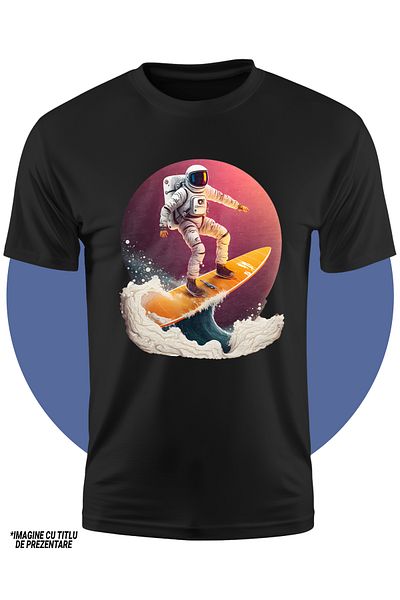 StoryGift Romania Tricou Copii Cu Un Astronaut Care Se Da Cu O Placa De Surf, Apa, Valuri, Cerc, Planete, Sp