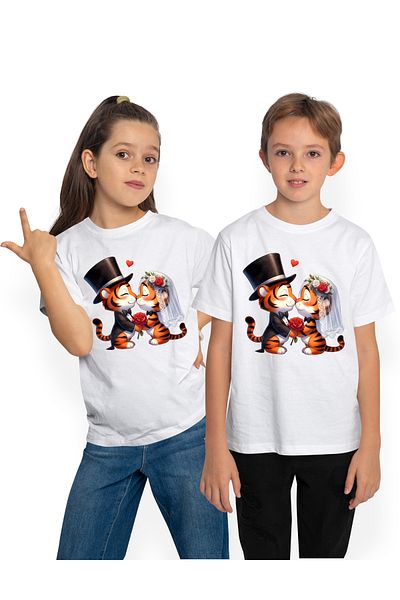 StoryGift Romania Tricou Copii Cu O Femela Tigru Si Un Tigru La Nunta, Ilustratie, Casatorie, Mireasa, Giner