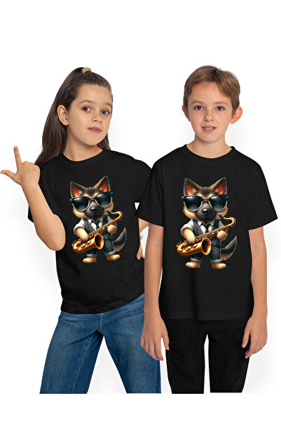 StoryGift Romania Tricou Copii Cu Un Caine Lup Care Canta La Saxofon, Ilustra...