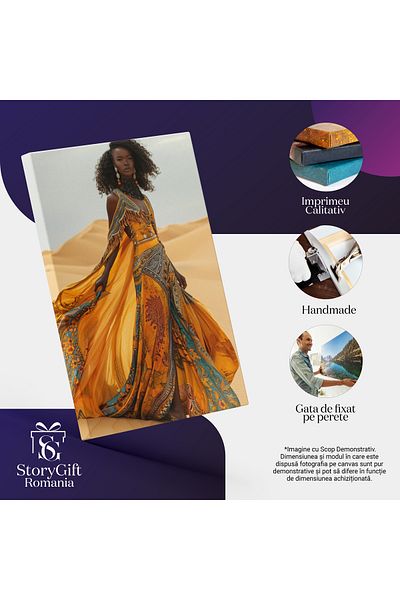StoryGift Romania Tablou Canvas: Imaginea Mulatrei În Deșertul Arzător Vântul Ce Sufla Rochia Galbenă Colier Maxi