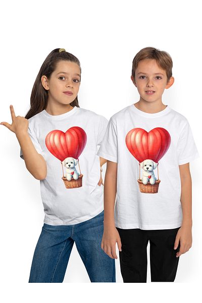 StoryGift Romania Tricou Copii Cu Un Catel Care Zboara Cu Un Balon Cu Aer Cald, Ilustratie, Calatorie, Inimi