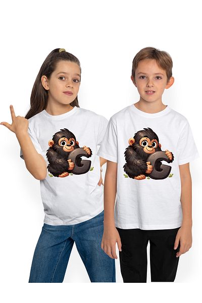 StoryGift Romania Tricou Copii Cu O Gorila Care Tine Litera "g", Pentru Copii, Ilustratie, Vesela, Abecedar,