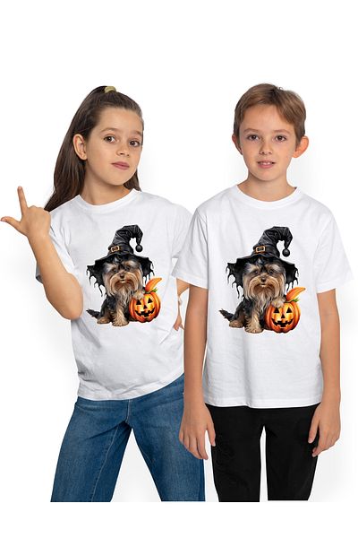 StoryGift Romania Tricou Copii cu un catel de talie mica, blanos, cu palarie de vrajitor, dovleac decorat, i