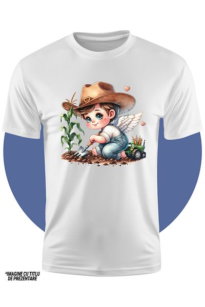 StoryGift Romania Tricou Copii cu un bebelus cu aripi care sapa, ilustratie, muncile campului, porumb, palar