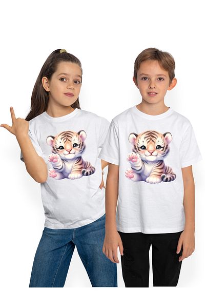 StoryGift Romania Children's T-shirt with a cheerful tiger cub, illustration, playful, raises paw, makes hand gesture, co