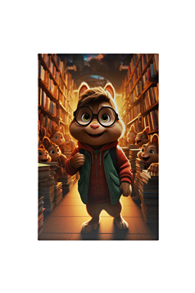 StoryGift Romania Tablou Canvas: Pufos Cu Ochelari În Bibliotecă- Desene Animate Pictura Digitala