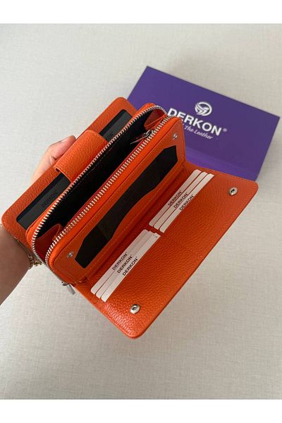 DERKON Genuine Leather Cerny Model Women's Wallet with Plenty of Card Holders Orange