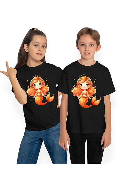 StoryGift Romania Children's T-shirt with a mermaid with an orange tail, illustration, orange hair, cheerful, beautiful
