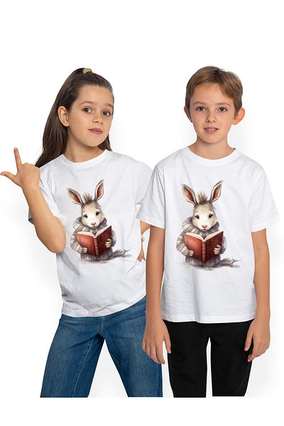 StoryGift Romania Tricou Copii cu un iepuras care citeste, ciufulit, carte, lectura, pentru pasionatii de ci