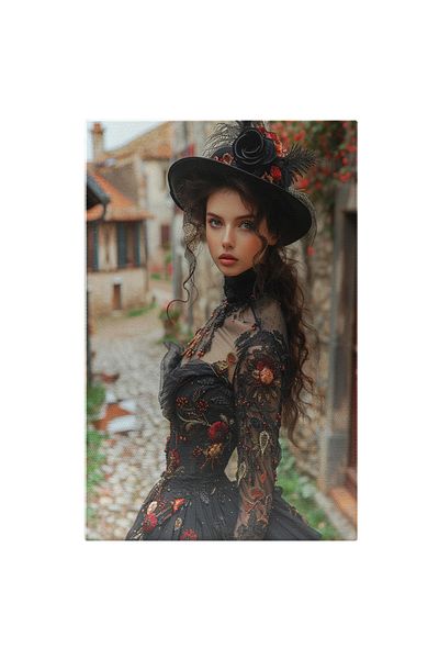 StoryGift Romania Tablou Canvas Personaj Feminin Ce Poartă O Rochie Neagră Cu Flori De Toamnă- Pălărie Cu Trandaf
