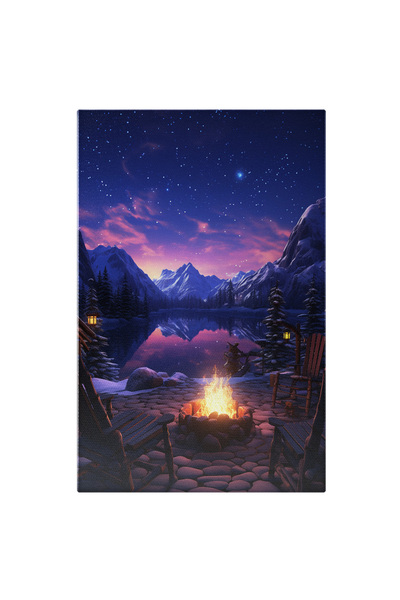 StoryGift Romania Tablou Canvas: Peisaj- Foc De Tabără La Munte Și Lac În Față- Fotografie Artistică Și Peisagis