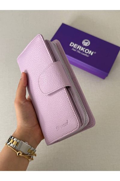 DERKON Genuine Leather Cerny Model Women's Wallet with Plenty of Card Holders Lilac