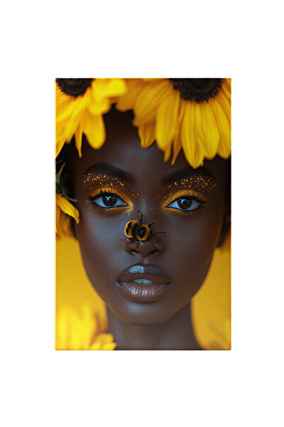 StoryGift Romania Tablou Canvas Black Lady Fermecatoare Cu Ochii Caprui Si Gene Lungi Invaluita In Flori Galbene