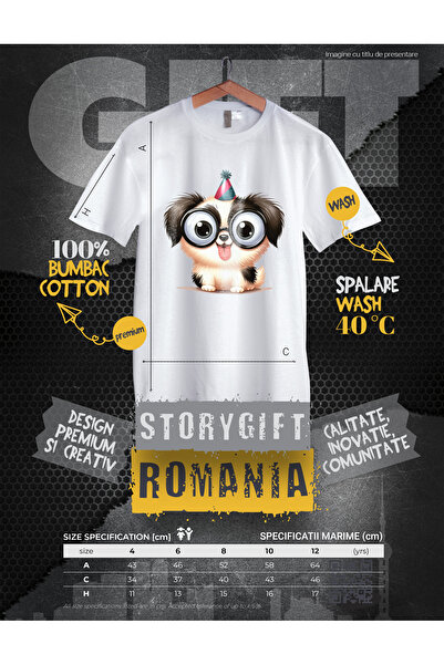 StoryGift Romania Kids T-Shirt With A Crazy Puppy, Illustration, Strange Look, Playful, Curious, Glasses,