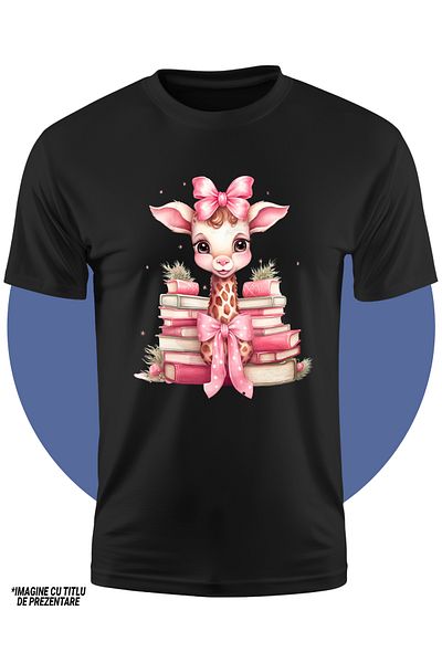 StoryGift Romania Tricou Copii Cu O Girafa Vesela, Ilustratie, Teancuri Cu Carti, Lectura, Pentru Pasionatii