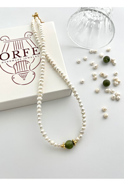 ORFE JEWELRY Gerçek Doğal İnci ve Yeşim Taşı Detaylı Kolye