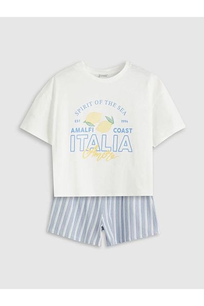 LC Waikiki Lcw kids ecru crew neck italy b Printed girls' t-shirt and shorts