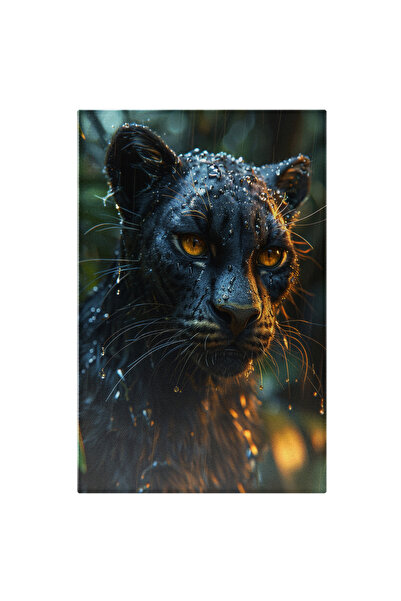 StoryGift Romania Tablou Canvas: Pantera Neagră Cu Ochi De Agat În Ploaie Jungla Tropicală Răcorită De Ape Pictur