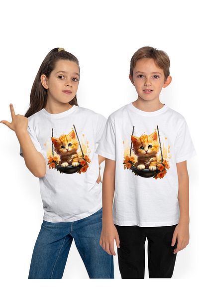 StoryGift Romania Children's T-shirt with a kitten swinging, illustration, orange flowers, cheerful, ju