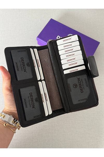DERKON Genuine Leather Cerny Model Women's Wallet with Plenty of Card Holders Brown
