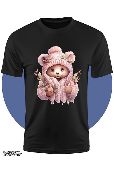 StoryGift Romania Tricou Copii Cu Un Urs Imbracat Gros, Ilustratie, Flori, Natura, Afara, Frig, Haine Caldur