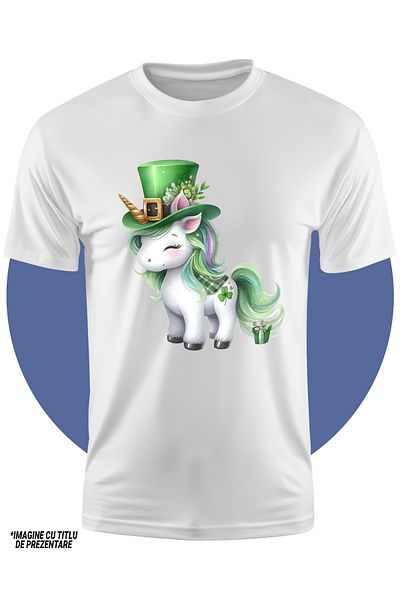 StoryGift Romania Tricou Copii Cu Un Unicorn Care Poarta O Palarie Verde, Ilustratie, Cadou, Noroc, Sfantul