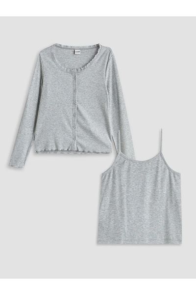 LC Waikiki Lcw Kids Gray Crew Neck Girls' Undershirt and Cardigan