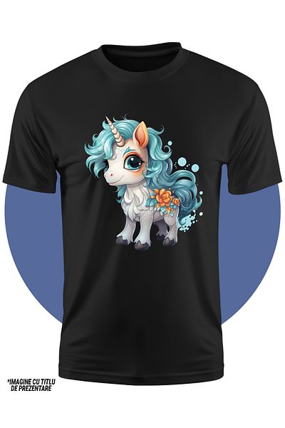 StoryGift Romania Children's T-shirt with a cheerful unicorn, illustration, orange flowers, happiness, mythical creature