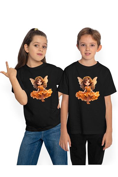 StoryGift Romania Kids T-shirt with a cute little girl wearing an orange dress, fairy wings, village hair
