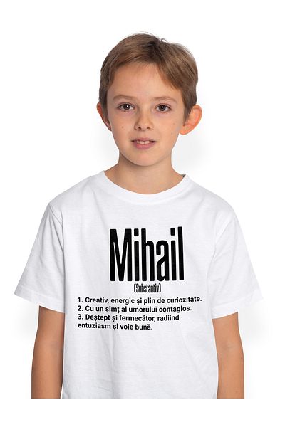 StoryGift Romania Tricou Copii Baieti Cu Numele Mihail, Cu Mesaj Motivational, Creativ, Energic, Curios, Des