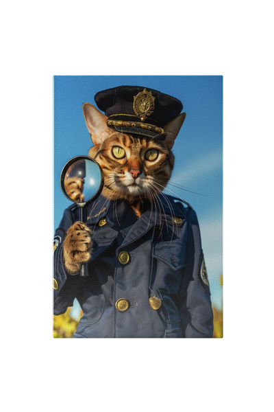 StoryGift Romania Tablou Canvas Detectivul Cu Lupă Descoperirea Pisicii Îmbrăcată În Uniformă Bleumarin , Pictura