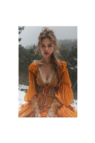 StoryGift Romania Tablou Canvas Blonda Cu Parul Lung Si Ochi Senini Cu Buzele Mari In Rochie Portocalie Langa Za