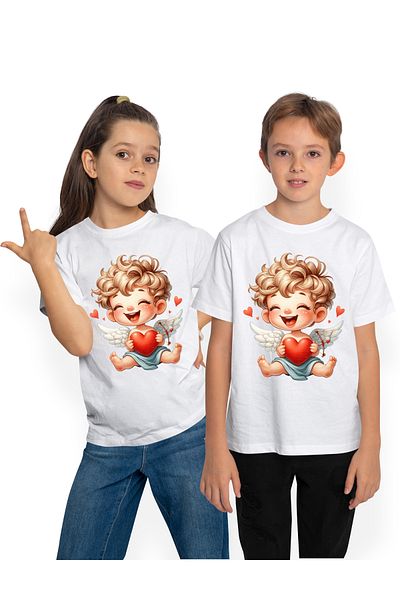 StoryGift Romania Tricou Copii Cu Un Bebelus Cupidon Care Tine O Inima In Brate, Apreciere, Cadou, Arc Cu Sa