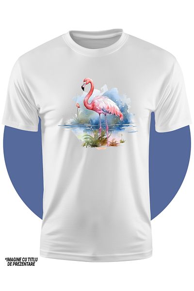 StoryGift Romania Tricou Copii Cu Pasarea Flamingo, Ilustratie, Roz, Apa, Lac, Ierburi, Plante, Natura, Libe