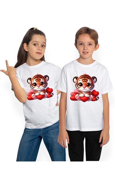 StoryGift Romania Children's T-shirt with a tiger cub holding a heart, illustration, Valentine's Day, gift, tim
