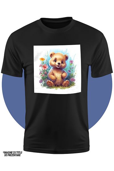StoryGift Romania Tricou Copii Cu Un Ursulet Vesel, Ilustratie, In Natura, Plante, Flori, Verdeata, Padure,