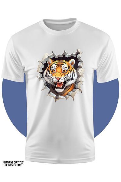 StoryGift Romania Tricou Copii Cu Un Tigru Agresiv Care Scoate Capul Printr-un Zid, Ilustratie, Furios, Isi