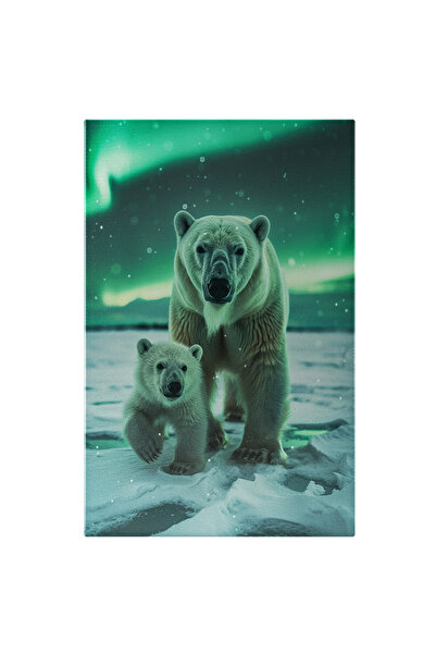 StoryGift Romania Tablou Canvas: Ursulețul Polar Și Ursul Tată La Promenadă Protejați De Verdele Aurorei Boreale