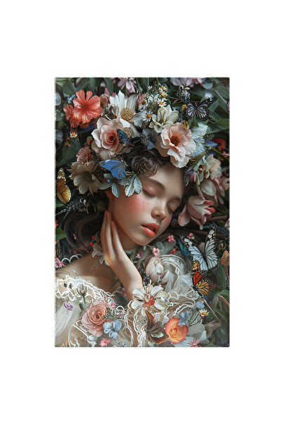 StoryGift Romania Tablou Canvas: O Fata Cu Ochii Inchisi Cu Bluza Cu Flori Si Coronita Cu Fluturi - Decor Pictur
