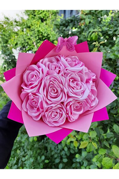 BUKET DÜNYASI 10 Lu Solmayan Gül Buketi Pembe Gül Dışı Pembe Kağıt Çift Renk