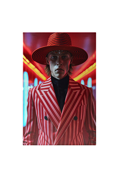 StoryGift Romania Tablou Canvas Bărbat În Costum Roșu Dungat În Lumină Roșie - Costum Elegant, Led-rui Roșii Și