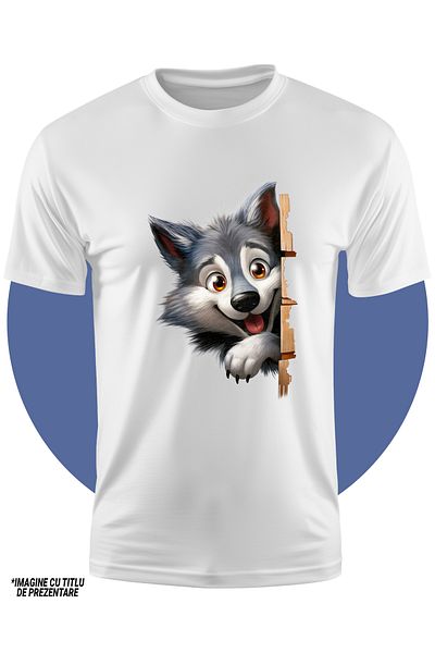 StoryGift Romania Tricou Copii Cu Un Lup Fericit, Ilustratie, Zambet, Animal Salbatic Si Periculos, Veselie,