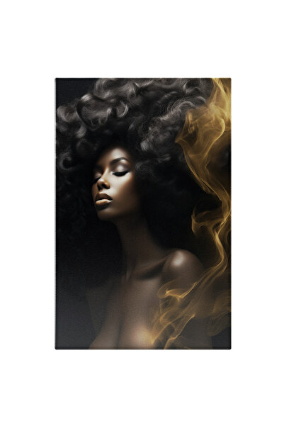 StoryGift Romania Tablou Canvas: Mulatra Cu Par Coafat Cu Buzele Mari Si Ochii Inchisi Cu Corset Si Fum Galben I